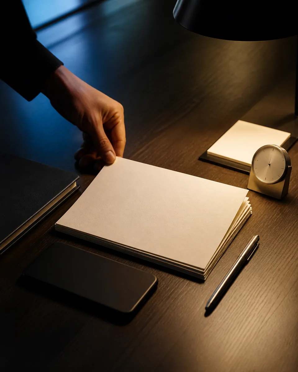 Illustrative editorial scene of working materials arranged precisely on a dark table.