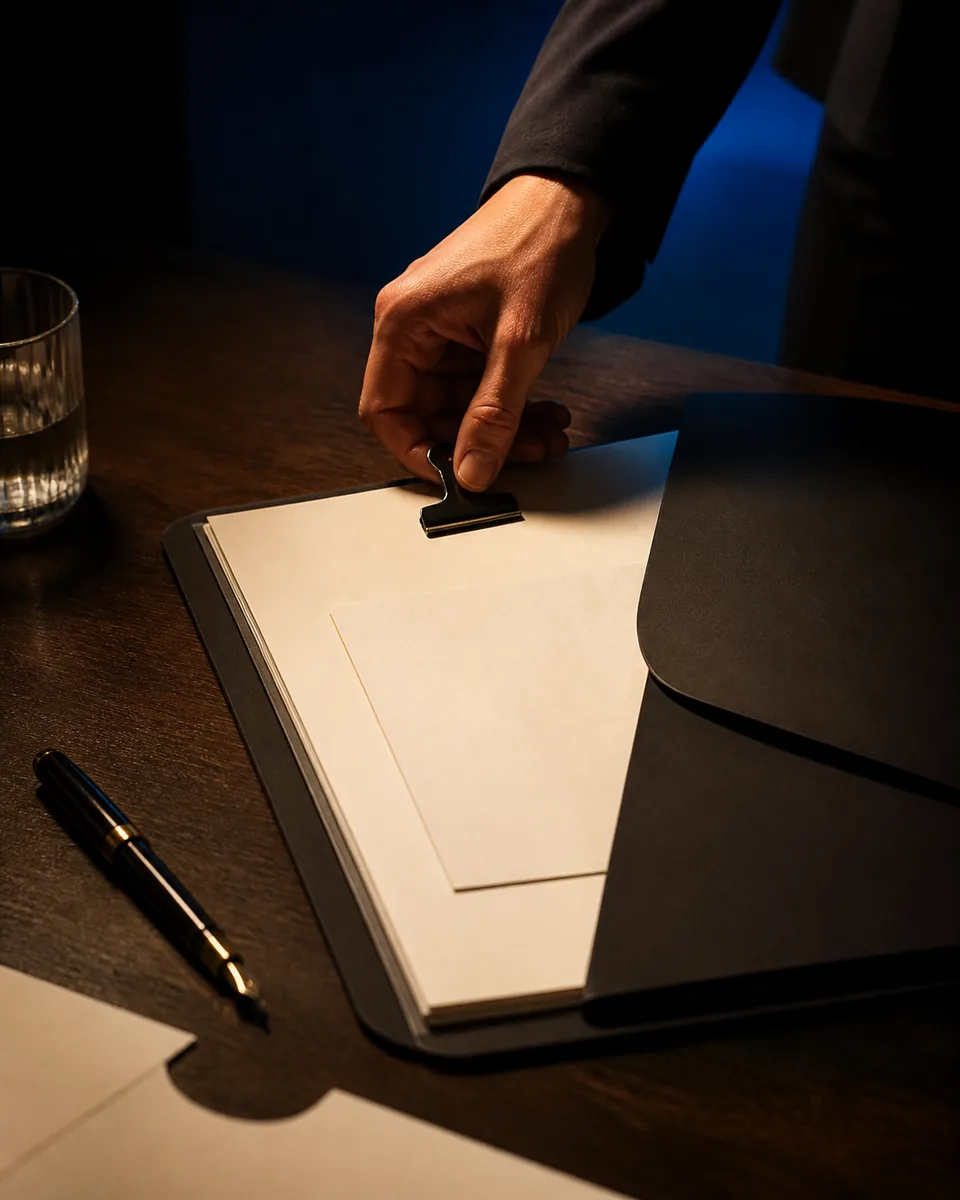 Illustrative editorial scene of a finished handoff packet being clipped together.