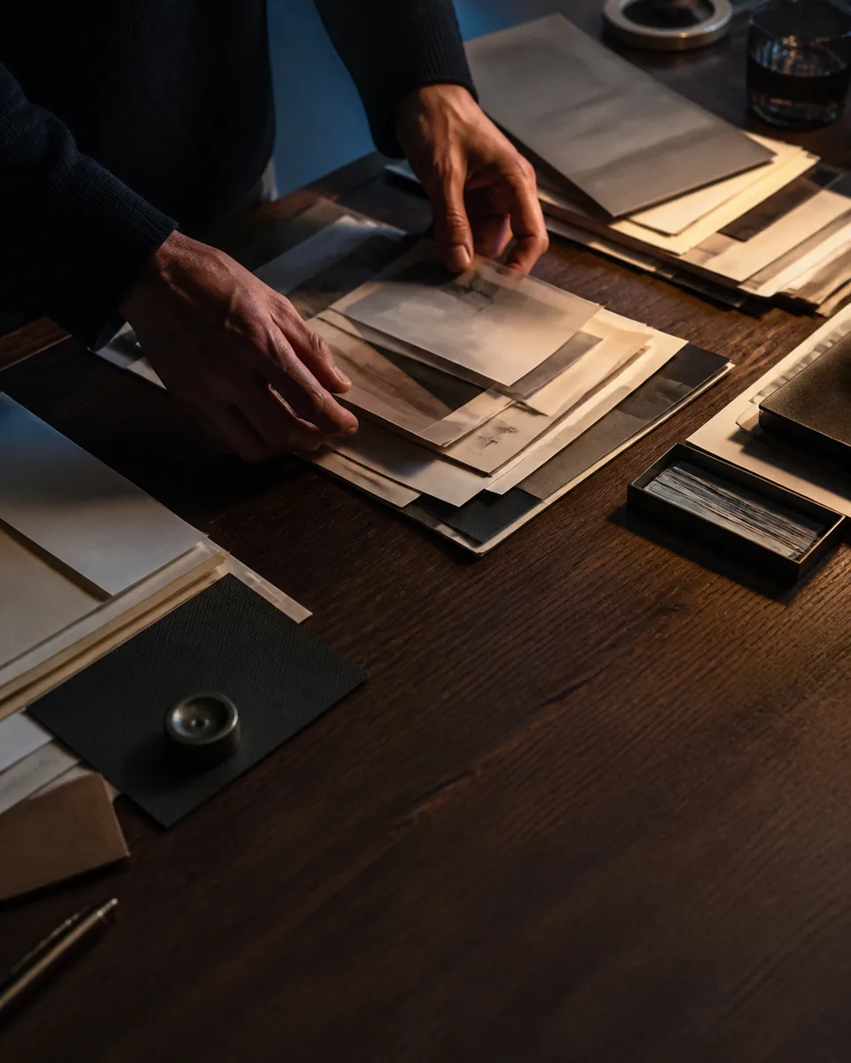 Illustrative editorial scene of source materials being sorted on a worktable.